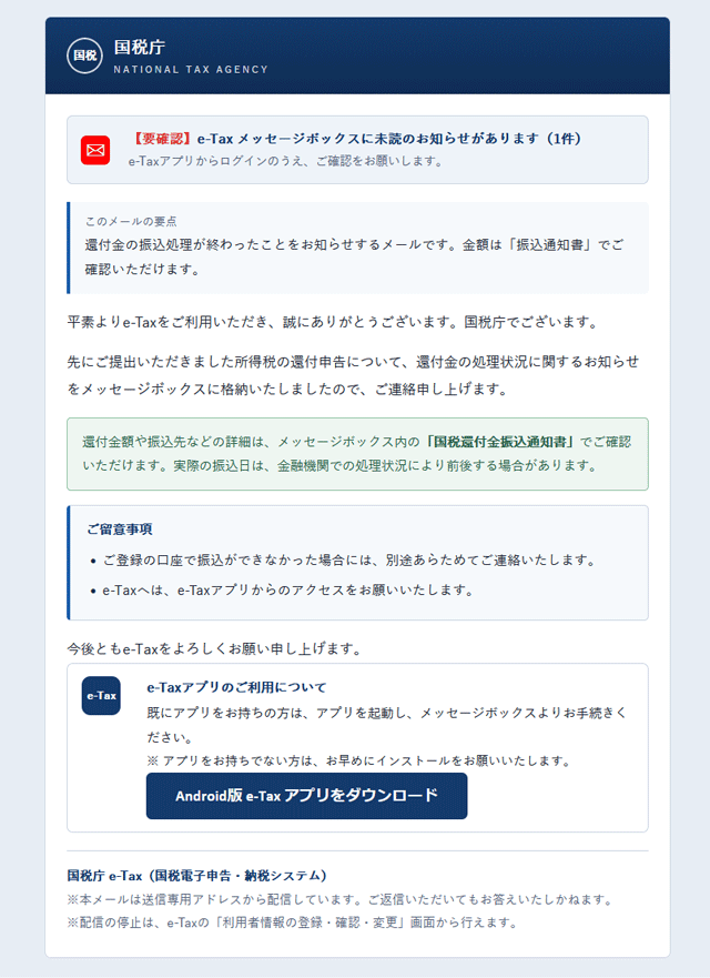 国税庁を騙る「還付金の処理状況に関するお知らせ」詐欺メールの実際の画面