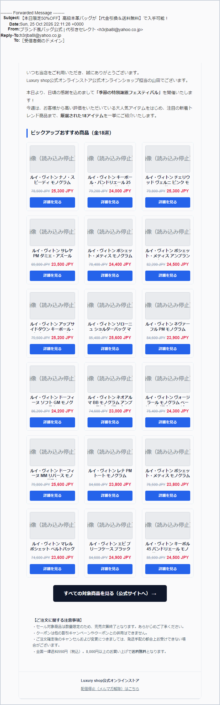 ルイ・ヴィトンを騙る「高級本革バッグが代金引換＆送料無料で入手可能」詐欺メールの実際の画面