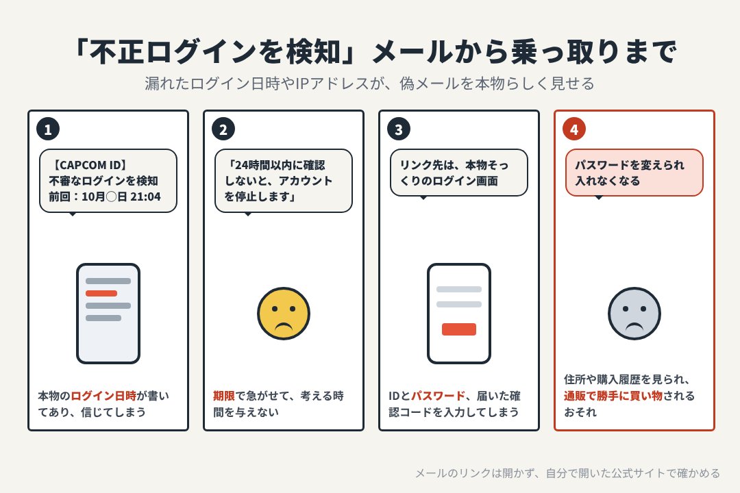 「不正ログインを検知」という偽メールから、アカウントを乗っ取られるまでの流れ
