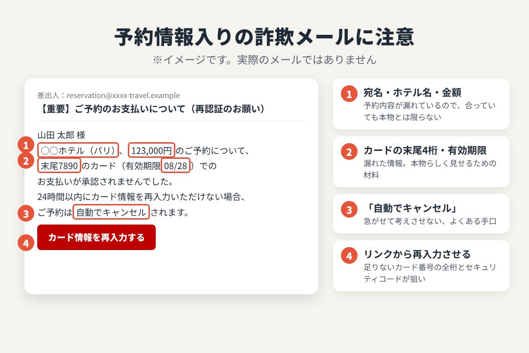 予約情報やカードの末尾4桁が書かれた詐欺メールのイメージと見分けるポイント