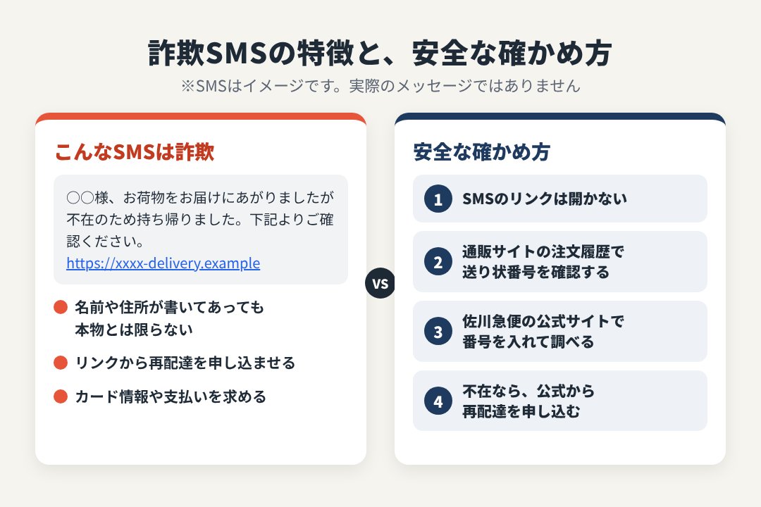 詐欺SMSの特徴と、荷物の状況を安全に確かめる方法の比較