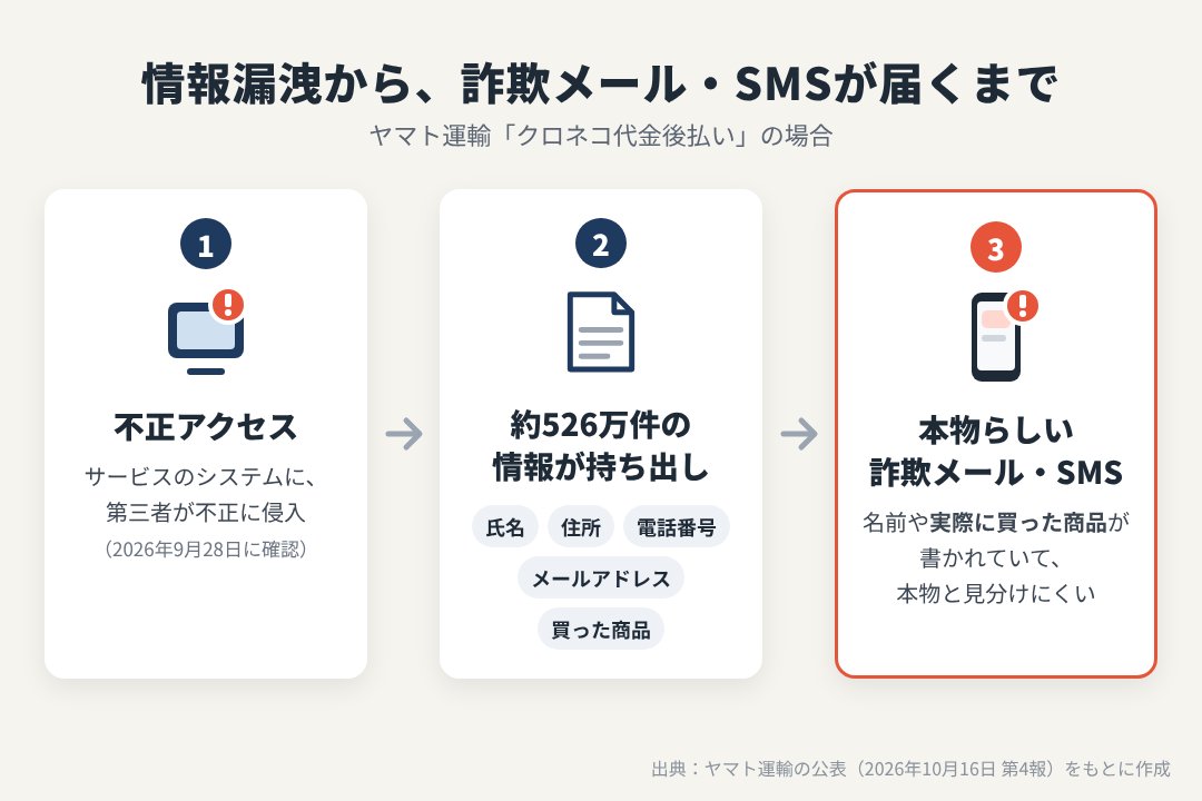 情報漏洩から詐欺メール・SMSが届くまでの流れ(不正アクセス、約526万件の情報の持ち出し、本物らしい詐欺メール・SMS)