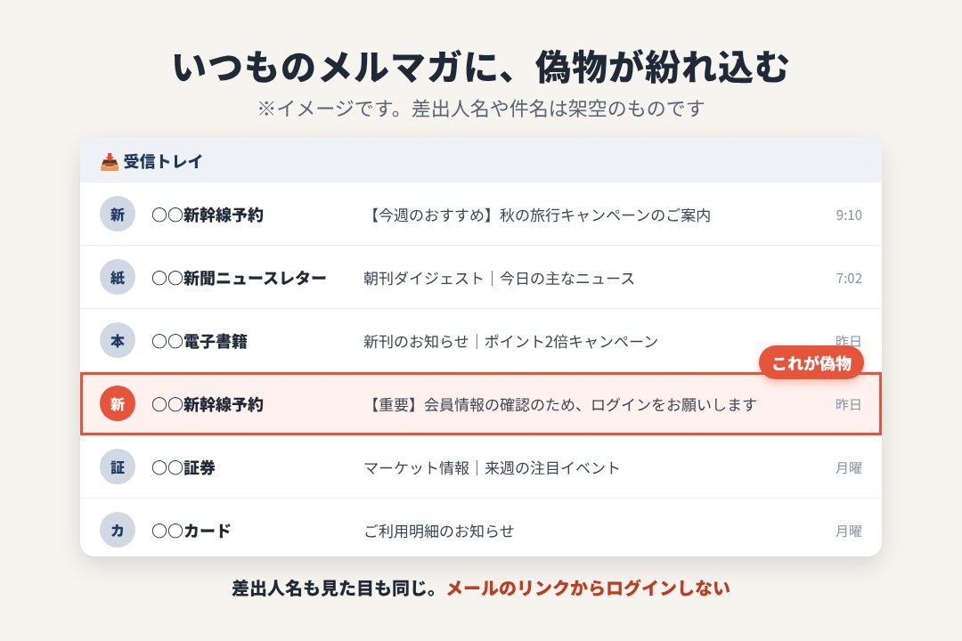 受信箱に並ぶいつものメルマガの中に、偽物が紛れ込むイメージ